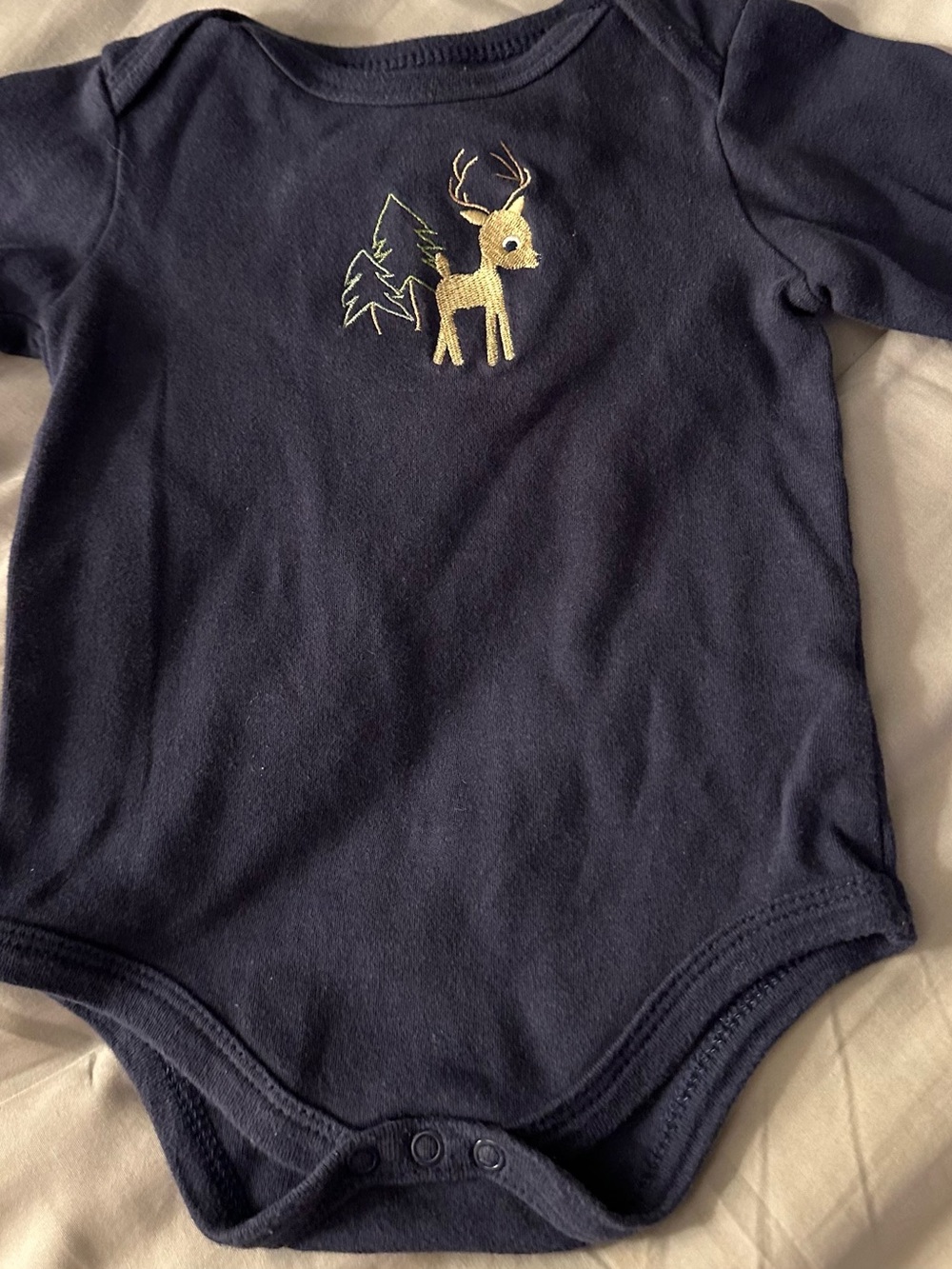 Luvable Friends Navy One-Piece with Gold Deer Embroidery